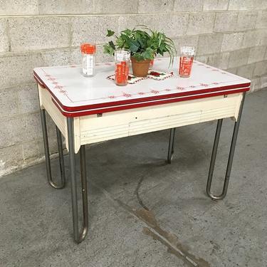 LOCAL PICKUP ONLY Vintage Enamel Kitchen Table Retro 1940's White and Red Rectangular Dining Table with Extendable Leafs and Chrome Legs 
