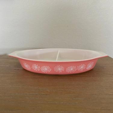 Vintage Pyrex Pink Daisy Oval Divided Vegetable Dish - 1 1/2 Quart 