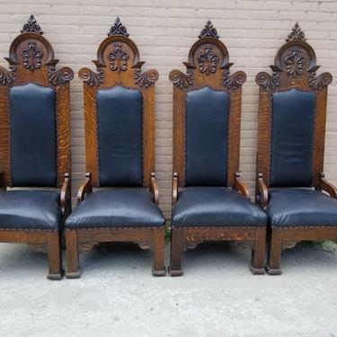 Unique and Rare Antique 19th Century Hand-Carved Solid Tiger Oak High Back Black Leather Upholstered American Gothic Throne Chairs