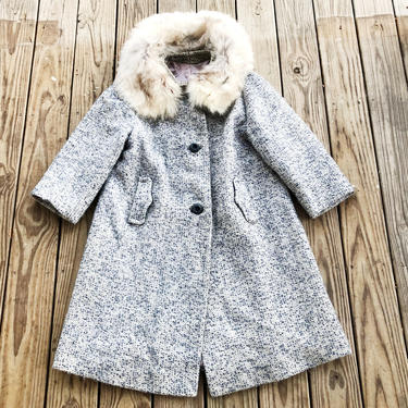 Vintage 50s Blue Gray White Speckled Fox Fur Collar Mid Length Button Swing Coat M/L 