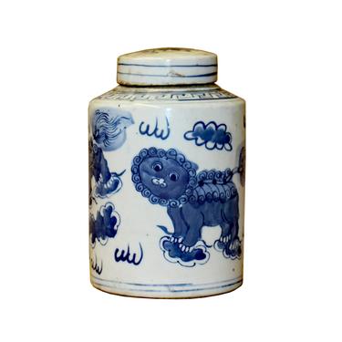 Chinese Blue White Ceramic Foo Dogs Lions Graphic Container Urn Jar ws813E 