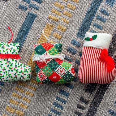 Vintage 1970s Handmade Christmas Tree Ornaments - Calico Fabric Kitschy Ornaments Holiday Decor Stockings - Set/3 