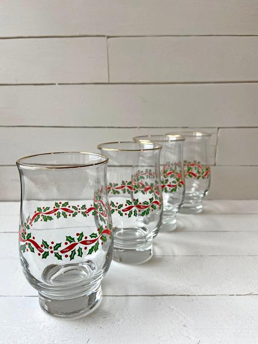 4 Libbey Holly & Berries Tall Tumblers Christmas Water Glasses 