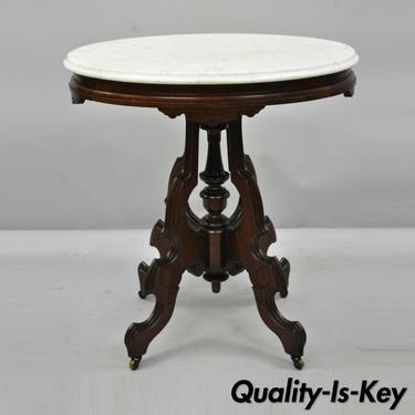Antique Eastlake Victorian Oval Marble Top Parlor Fern Walnut Lamp Table