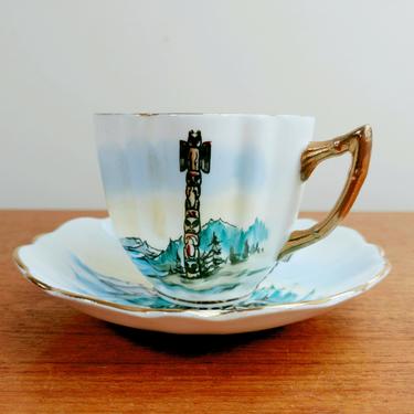 Vintage Alaska Souvenir Cup & Saucer | Victoria China Bone China Gold Rim | Native Art | Totem Pole Mountains | England 