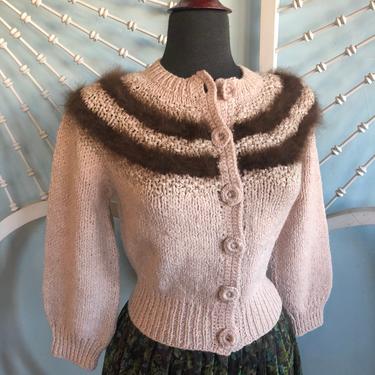 Vintage 1940s 50s Knit with Angora Fur Sweater Cardigan - Small 