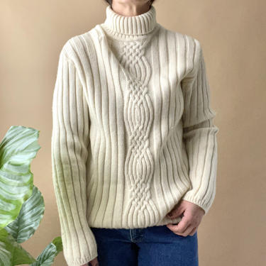 Vintage White Irish Merino Wool Turtleneck Sweater, Size M 