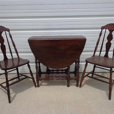 3pc Antique Dining Set Folding Wood Table 2 Chairs Drop Leaf Hideaway Seating Traditional Vintage Country Farmhouse Arts and Crafts 