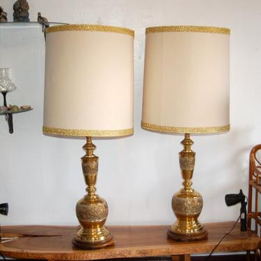 Two Monumental James Mont Style Asian / Chinoiserie Brass Table Lamps w/ Original Harps & Shade ~ Glamour, Mid Century Modern, Regency Decor 