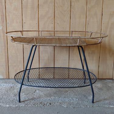 Rare Vintage Arthur Umanoff Style Rattan and Wrought Iron Bar Cart Accent Console Table 