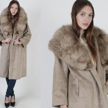 Vintage 60s Beige Wool Coat Plush Arctic Fox Fur Collar Swing Winter Jacket 