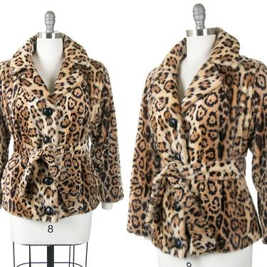 Vintage 1960s Coat | 60s Leopard Print Faux Fur Belted Animal Print Short Winter Jacket (small/medium) 