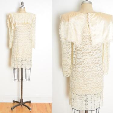 vintage 80s dress sheer cream lace satin sailor collar mini Scott McClintock M clothing 