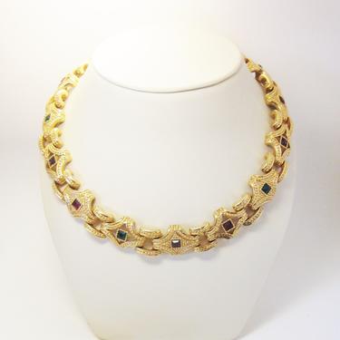 Vintage 1980s Signed Swarovski Jewel Tone Crystal Chunky Gold Tone Choker Necklace Etruscan Style Chanel Inspired Statement Jewelry 
