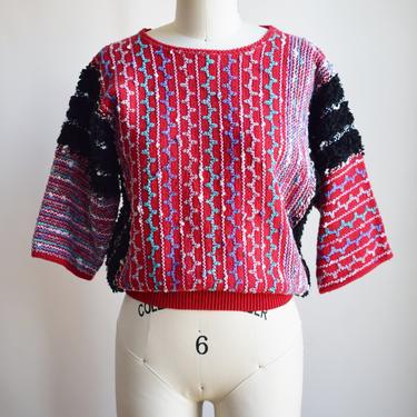 Vintage 1980s Asymmetrical Funky Caterpillar Sweater | M | 80s Red and Multi-color Textural Acrylic Pullover 