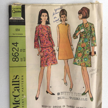 60's McCall's 8624, Sewing Pattern, Dress In 3 Versions, Mod 1966 Dress Size 12, Bust 32, UNCUT 