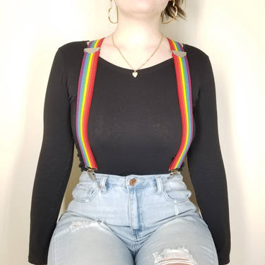 Vintage Rainbow Suspenders , Medium Large / Multi Color Stretch Suspenders / 1980s Colorful Unisex Belt / Vintage Pride Accessories 