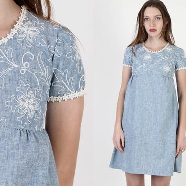 Vintage 70s Floral Embroidered Chambray Dress Mod Prairie Scooter Simple Blue Mini Dress 