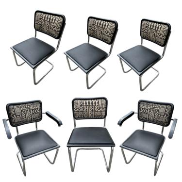Set of 6 Black Leather and Upholstry Cesca Dining Chairs Originally Designed by Marcel Breuer