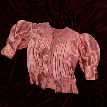 RARE 1930s Cutout Peekaboo Top / Risque Plunging Slit Front / Puff Sleeves / Pink Satin! 