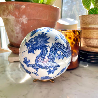 Vintage Asian Dragon Porcelain Carpet Ball, Ceramic Orb Sphere - Cobalt Blue White, 4 inch, Chinoiserie Home Decor, Collectible, Bowl Filler 