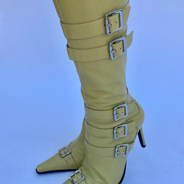 Vintage Y2K Leather Yellow Buckle Pointy toe Never worn Deadstock Tall Boots size 8.5-9 size 8 1/2-9 