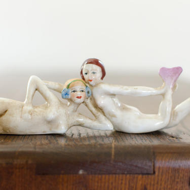 Vintage Pair of Hand Painted Flapper Porcelain Figural Mermaids Art Deco Girls Ocean - Made in France 