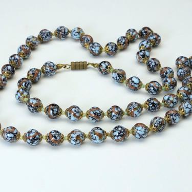 Vintage Murano Glass Beaded Necklace Long Blue Copper Black Brass Bead Caps 29&amp;quot; 