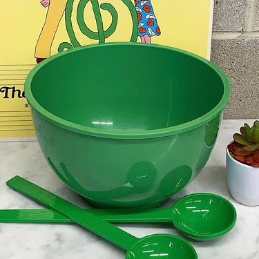 Vintage Dansk Bowl + Utensil Set Retro 1970s Mid Century Modern + Bright Green + Melamine + Plastic Bowl and 2 Spoons + Salad or Serving 