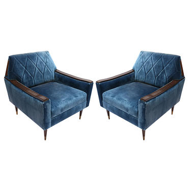 Pair of Custom 1960s Style Silk Velvet Armchairs with Wood and Brass Details