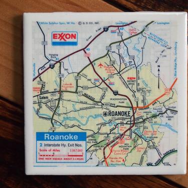 1976 Roanoke Virginia Handmade Repurposed Vintage Map Coaster - Ceramic Tile - Repurposed 1970s Exxon Road Map - Actual Map Used - Star City 