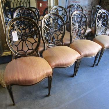 SET OF EIGHT REGENCY STYLE SPIDER BACK DINING CHAIRS FROM SMITH GRUBBS SHOWROOM ADAC IN RAW SILK FABRIC