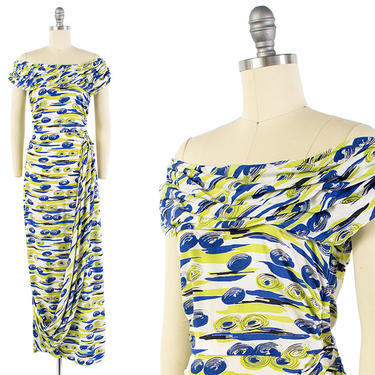 Vintage 1940s Dress | 40s Abstract Spirals Novelty Print Draped Sash Cotton Gown (small) 