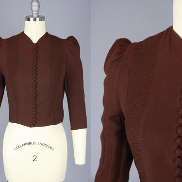 1930s Rayon Crepe Blouse | Vintage 30s 40s Chocolate Brown Top with Pin Tuck Pleats and Self Covered Buttons | xs / s 
