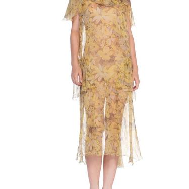1920'S Yellow &amp; Grey Floral Silk Chiffon Pullover Cape Sleeve Drop Waist Dress 