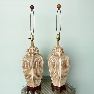 Pair of Faux Basket Ginger Jar Lamps