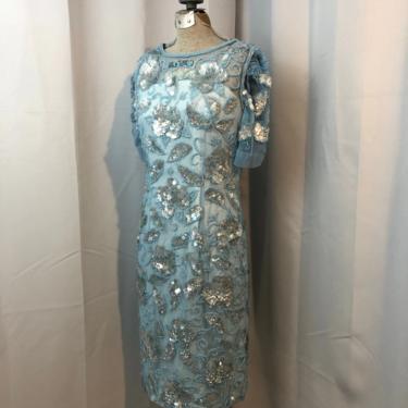 1950s floral beaded cocktail dress sequined Ice Blue vintage party gown Hong Kong S 