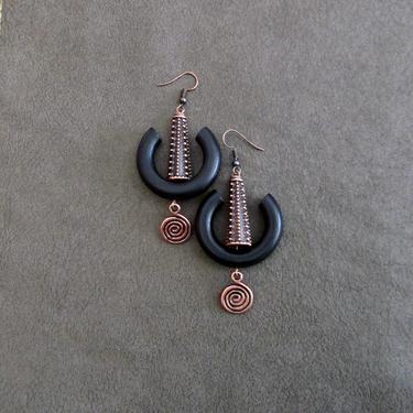 Black wooden earrings, bohemian earrings, boho earrings, bold statement earrings, unique ethnic earrings, etched copper earrings 2 
