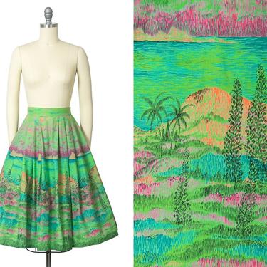 Vintage 1960s Skirt | 60s Novelty Print Cotton Tropical Hawaiian Lime Green Full Swing Skirt (small) 