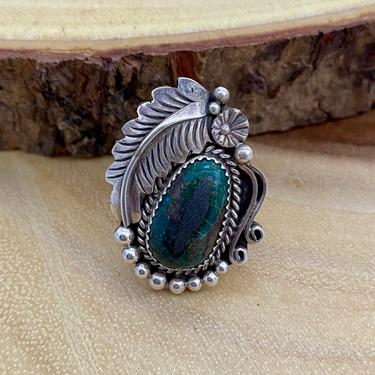FEATHERED FRIEND 1970s J H Etsitty Sterling Silver &amp; Turquoise Statement Ring | Native American Southwestern Boho Jewelry | Size 7 