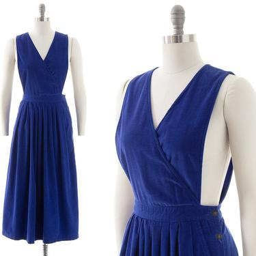 Vintage 1980s Pinafore Dress | 80s Cobalt Blue Cotton Corduroy Overalls Midi Skirt Dress with Pockets (medium) 