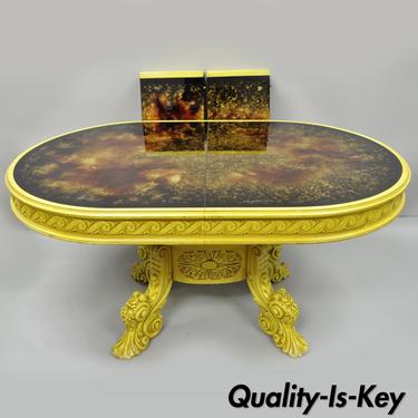 French Baroque Rococo Style Oval Eglomise Art Glass Top Yellow Dining Table