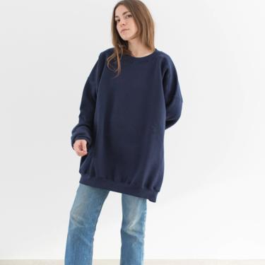 Vintage 90s Navy Blue Crew Sweatshirt | Heavyweight Blank Cozy Fleece Sweat | Made in USA | L XL XXL | 