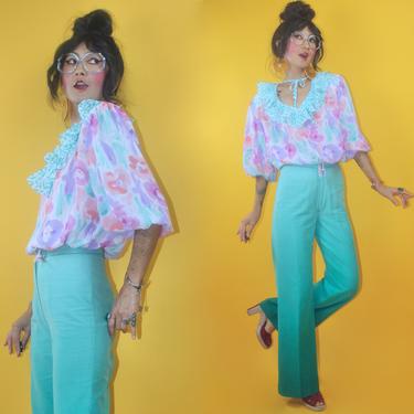 Vintage 1980s Romantic DVF Style Pleated Ruffle Patted Puffed Sleeves Blouse/SZ S M/80s Pastel Floral Top Diane von Fürstenberg vibe 