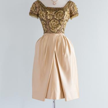 Elegant 1960's Lavishly Beaded Silk Cocktail Dress By Pat Sandler / XS