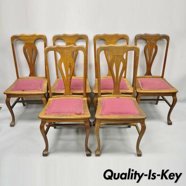 Antique Tiger Oak T-Back Dining Room Side Chairs Upholstered Seat - Set of 6