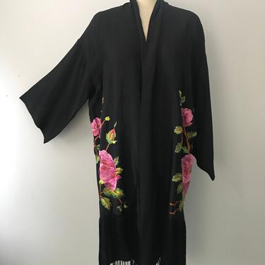 20s KIMONO floral embroidered fringe piano shawl flapper ROBE duster 1920s vintage antique 