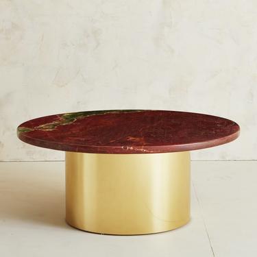 Round Red Onyx Coffee Table with Brass Wrapped Pedestal Base