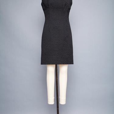Black sheath dress vintage 60s MOD brocade little black dress LBD Fall heavy sleeveless shift knee length demure Medium M 8 