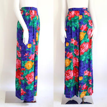 80s Ralph Lauren silk print high rise palazzo pants 12 / 1980s vintage RL Polo floral wide leg flowy pants L 